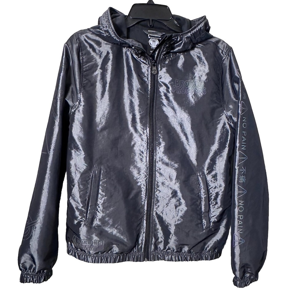 Broken Promises Metallic Silver Full Zip Hooded Windbreaker Holographic Size Med
